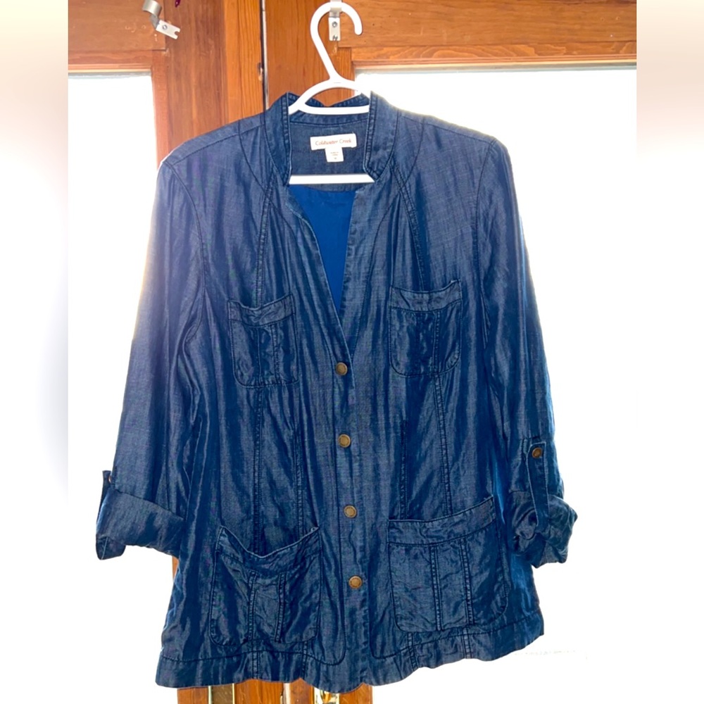 Coldwater Creek Women Blue Roll Tab Sleeve
Chambray Ruched Jacket Size 12